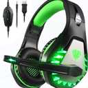 Pacrate Gaming Headset with Microphone for PC, PS4, PS5, Switch, Xbox Series X/S, Noise Cancelling Gaming Headphones with LED Lights for Kids Adults, Black Green