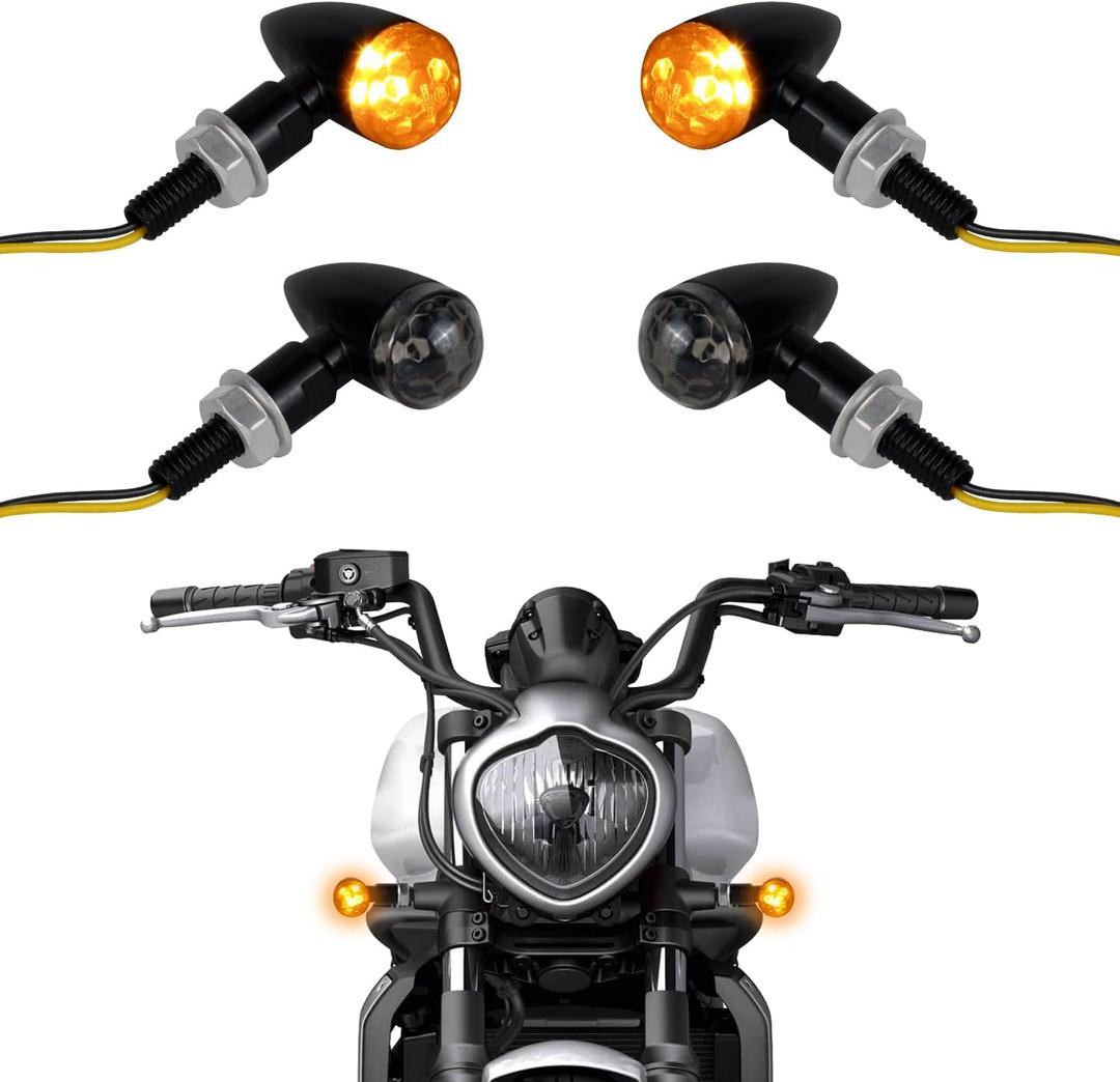 QUASCO Mini Bullet Motorcycle Turn Signals, Smoked Lens Metal LED Turn Signal Lights for Cafe Racer Cruiser Compatible with Harley Honda Yamaha Kawasaki - 2 Pcs