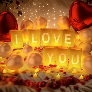 I Love You Light Up Letters, with Tea Lights Candles, Rose Petals, Pearlescent Foil Balloons - Luminary Paper Bags, Anniversary Decorations and Valentines' Day Decorations for Your Loved One