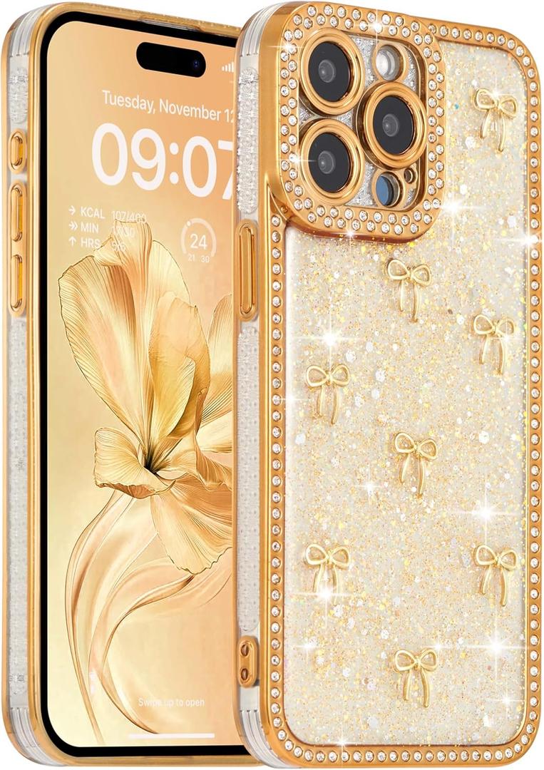 FABSPARK Case for iPhone 16 Pro Max,3D Gold Ribbon Bow,Crystal Clear Glitter Diamond Rhinestone Sequin Shiny Sparkly Bling,Aesthetic Transparent Soft for iPhone 16 Pro Max Case - Golden/Gold Bow