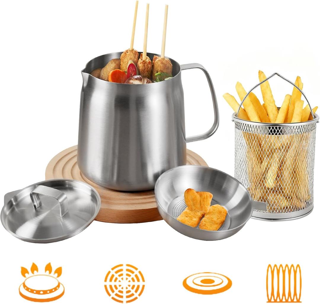 PUCOHOUSE 304 Stainless Steel Deep Fryer Pot with Basket & Strainer,Frying, Cooking, Camping,Oil Filter Container,2L2Qt)
