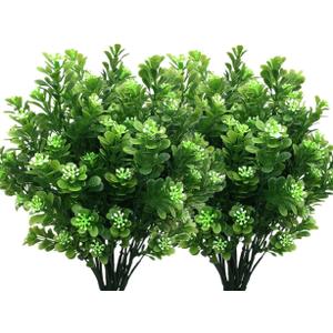 PASYOU Artificial Shrubs, Plastic Plants Fake Bean Shrub Bushes Grass Greenery Leaves Bush Indoor Outdoor Home Garden Party Verandah Wedding DIY Table Arrangement Decoration Planter Filler 8 Pack