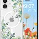RALEAVO for iPhone 17 Case Compatible with MagSafe Clear Floral Cover with Green Leaves Pattern for Girls Women Slim Cute Hard Back Shockproof Phone Case for iPhone 17,Transparent