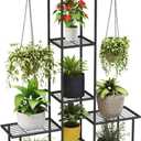 Plant Stand Indoor Outdoor, Metal 6 Tier Tall Hanging Plant Shelf for Multiple Flower Planter Large Heavy Duty Ladder Plant Holder for Garden, Black (y-201)