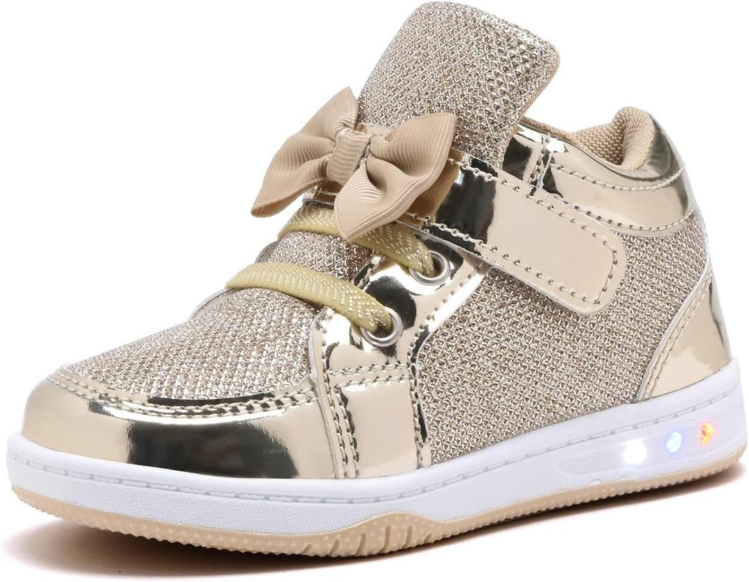 Toddler Glitter Shoes Girl's Flashing Sneakers with Cute Bowknot (7 Toddler, Gold)