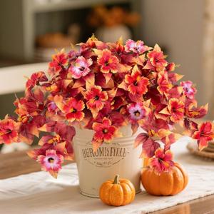 Fall Fake Flowers Artificial for Outdoors Decoration, 2PCS Faux Hibiscus Flowers for Outside Planters, Realistic Silk Autumn Plants with UV Resistant No Fade for Home Porch Garden Balcony Yard Decor (Fall Orange Pink)
