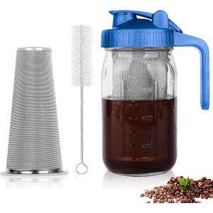 Cold Brew Coffee Maker,32 oz Mason Jar Pitcher with Stainless Steel Filter, Pour Spout Handle Lid, Heavy Duty Glass Airtight & Leak-Proof Pitcher for iced coffee Tea Lemonade-Blue