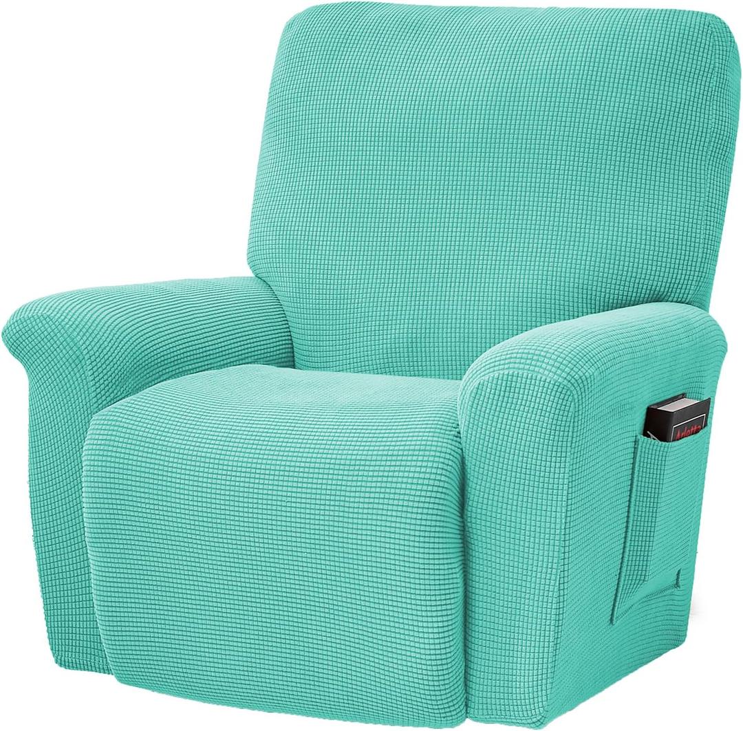CONRUSER Stretch Recliner Chair Covers, 4-Piece Soft Sofa Cover Thick Single Seat Couch Cover Jacquard Recliner Slipcover with Pocket (Aqua)