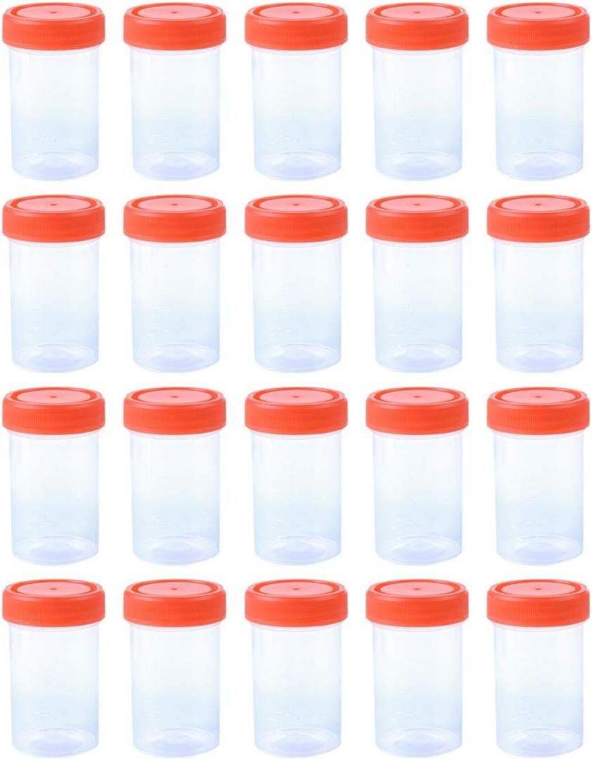 20Pcs 60ML Sterile Specimen Cups with Lids 2OZ Screw-on Cap Red Cover Measuring Containers Seal