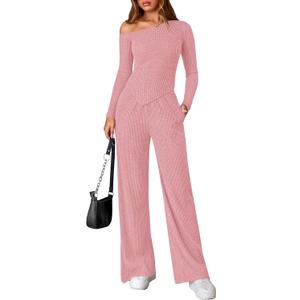 PRETTYGARDEN Fall Two Piece Sets For Women 2025 Off Shoulder Tops Long Pants Knit Matching Lounge Set Airport Travel Outfits (Medium, Pink)