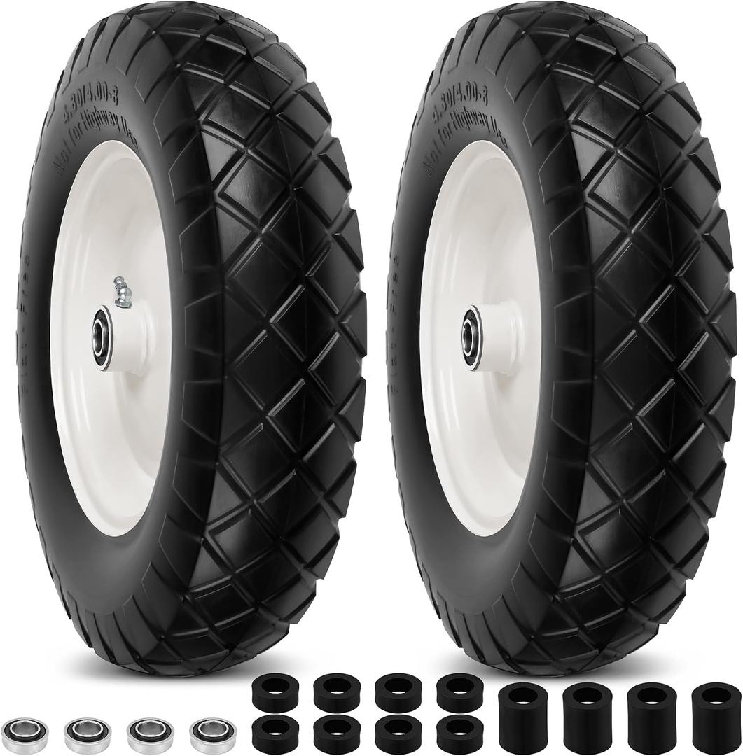 4.80/4.00-8" Flat Free Wheelbarrow Tires and Wheels, 16" Universal Fit Solid Tires with 5/8" or 3/4" Bearing, 3"-7" Hub, Adapter Kit Hand Truck Wheels Replacement for Garden Trailer, Wagons, 2 PCS