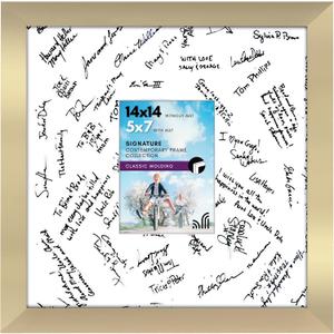 Americanflat 14x14 Wedding Signature Frame with Shatter-Resistant Glass - Use as 5x7 Frame with Mat or Display 14x14 Photos Without Mat - Signature Collection - Autograph Frames for Wall - Gold
