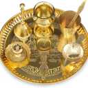 NOBILITY Puja Thali Set Brass Pooja Thali Set 8 Inch with Pital Plate Glass Kalash Spoon Ghanti Bowl Agarbatti Stand Kuber Diya Daily Pooja items for Diwali Home Mandir Office Wedding Return Gift Item