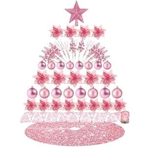 Realspring 72 Pieces Christmas Tree Ornament Set Xmas Assorted Decorations Bulk Glitter Poinsettia Berry Picks Topper Star Sequin Tree Skirts for Home Wreaths Holiday Party Favors (Pink)