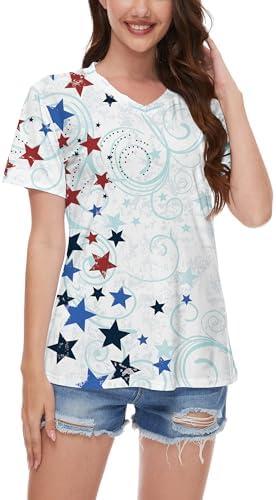 TMSD Women's 4th of July Shirt USA Flag Shirts for Women V Neck Independence Day Tops Stars and Stripes T Shirt, M
