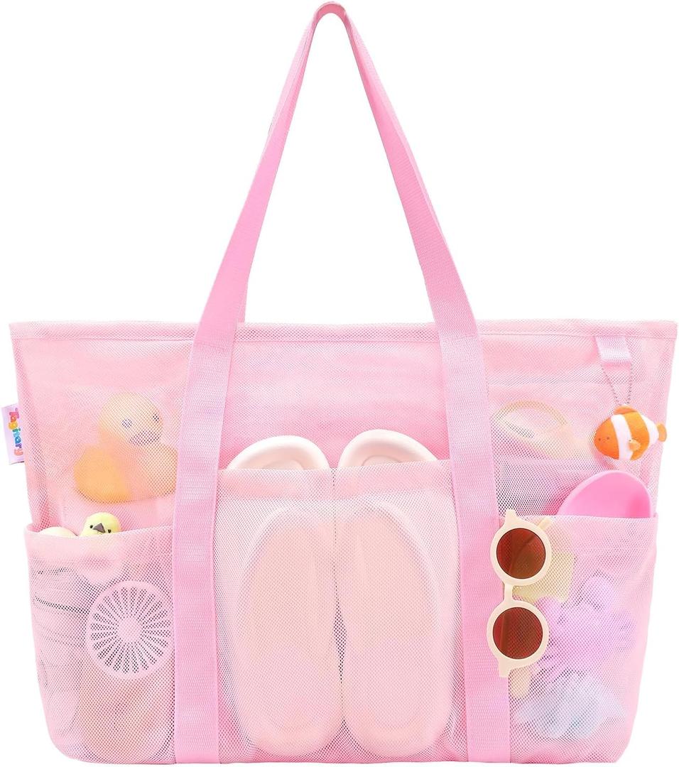 Tagitary Mesh Beach Bag with Zipper Large Beach Tote Waterproof Sandproof with 8 Pockets for Toys Pool Bag Beach Accessories (Pink)