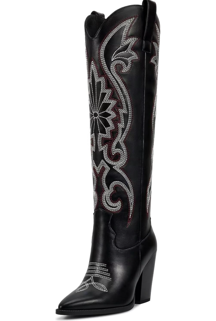 ISNOM Womens Cowboy Knee High Boots Cowgirl Boots Western Boots with Embroidered Pointed Toe Chunky Heel Slip on Retro Tall Boots, 10
