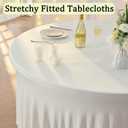 8 Pack Ivory 95% polyester 5% spandex Round Tablecloths for 60 inch Table, Wrinkle Free Stretchy 120inch Fitted 5FT Round Table Cloths Cover with Skirt for Wedding Party Dining Banquet