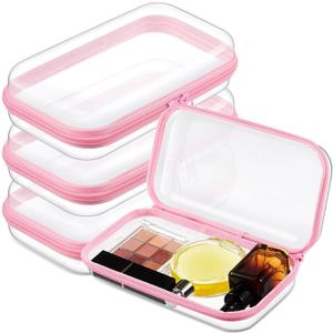 Hoolerry 3 Pcs Clear Hard Zipper Case Hard Plastic Zipper Pouch Makeup Bag Portable Travel Organizer for Cosmetics, Office Supplies, Documents & Toiletries(Pink,S)