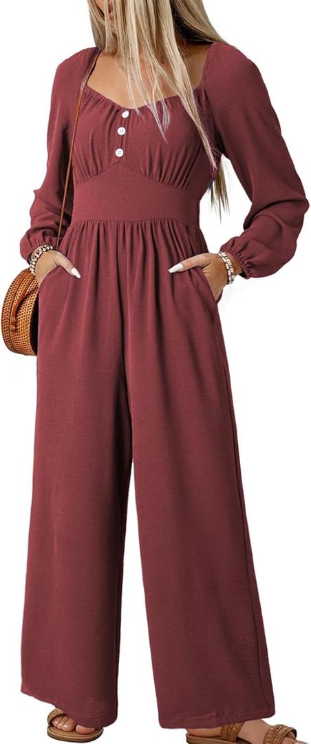 Dokotoo Jumpsuits for Women 2025 Fall Long Sleeves Square Neck Rompers High Waisted Wide Leg Pants Dressy Resort Wear 2025 with Pockets for Party,Red Dahlia Large (Red, L)