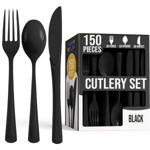 Party Solids Black Plastic Silverware Heavy Duty 150 Pieces Black Disposable Silverware Heavy Duty, Utensil Sets, 50 Of Each Forks, Knives & Spoons Disposable Cutlery Set For Party Supplies