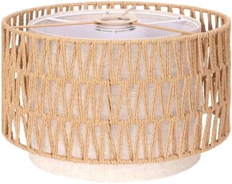 Boho Rattan Lamp Shade, 12.6" Top x 12.6" Bottom x 7.68" High, Natural Rattan & Linen Double Layer Lamp Shades for Floor Lamps Table Lamps Chandelier, UNO Fitter Lampshade Replacement, Easy Assembly