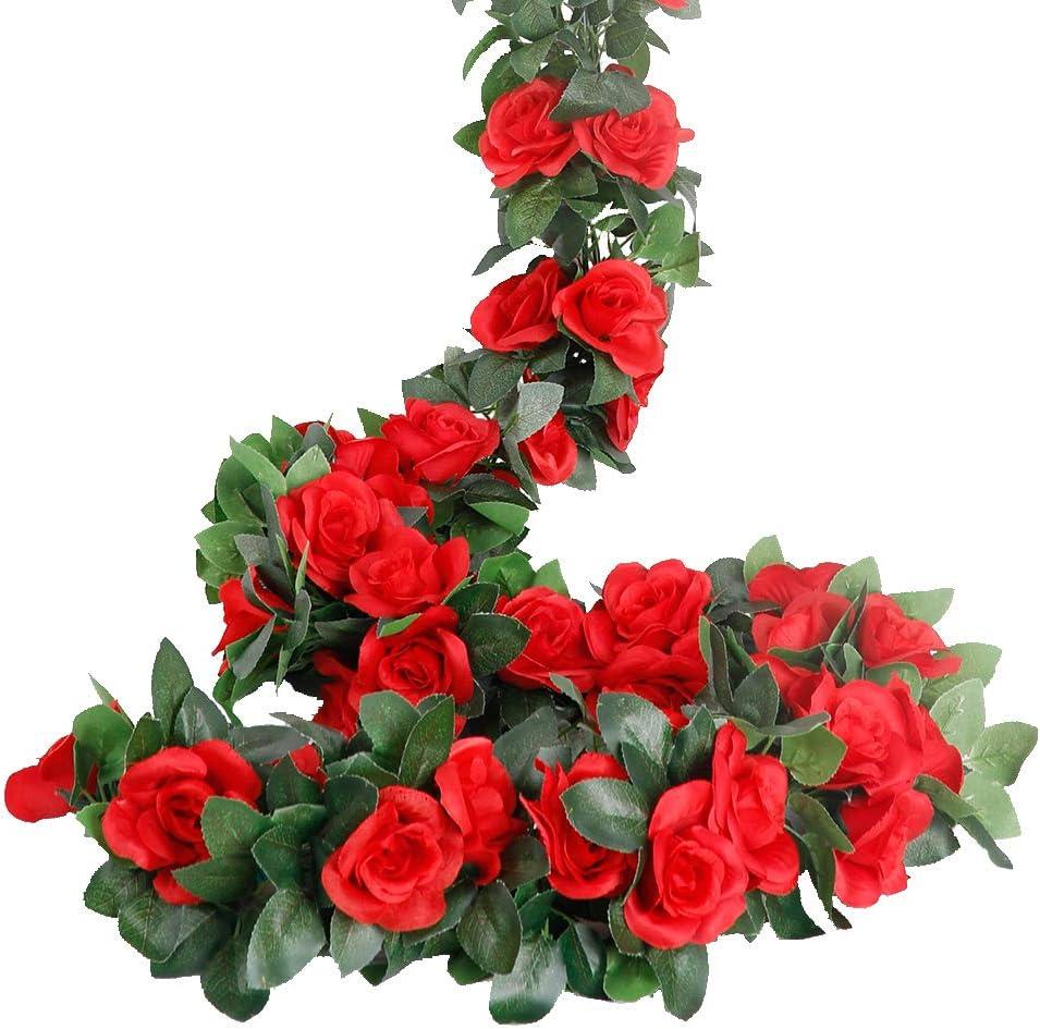 LESING Rose Garlands Artificial Rose Vines, 4PCS(28.8FT) Fake Silk Flower Vines with Greenery Plants for Wedding Hanging, Home Office Arch, Garden Decoration (Red) (Red)