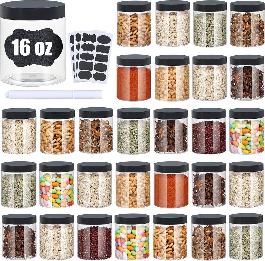 Plastic Jars with Lids, Airtight Container Ideal For Dry Food, Honey Jam, Peanut Butter, Cosmetics, Cream, Bathroom and Storage Included Extra Label and A Pen (30 PCS Black Lids)