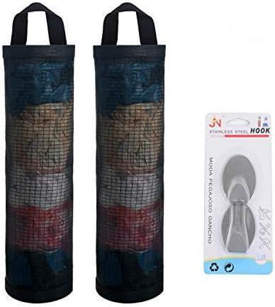 Mesh Garbage Bag Sulimy Plastic Bag Holder Dispensers 2pcs Folding Hanging Storage Trash bags Holders Organizer Recycling Grocery Pocket Containers with 2 Hooks for Home and Kitchen Black