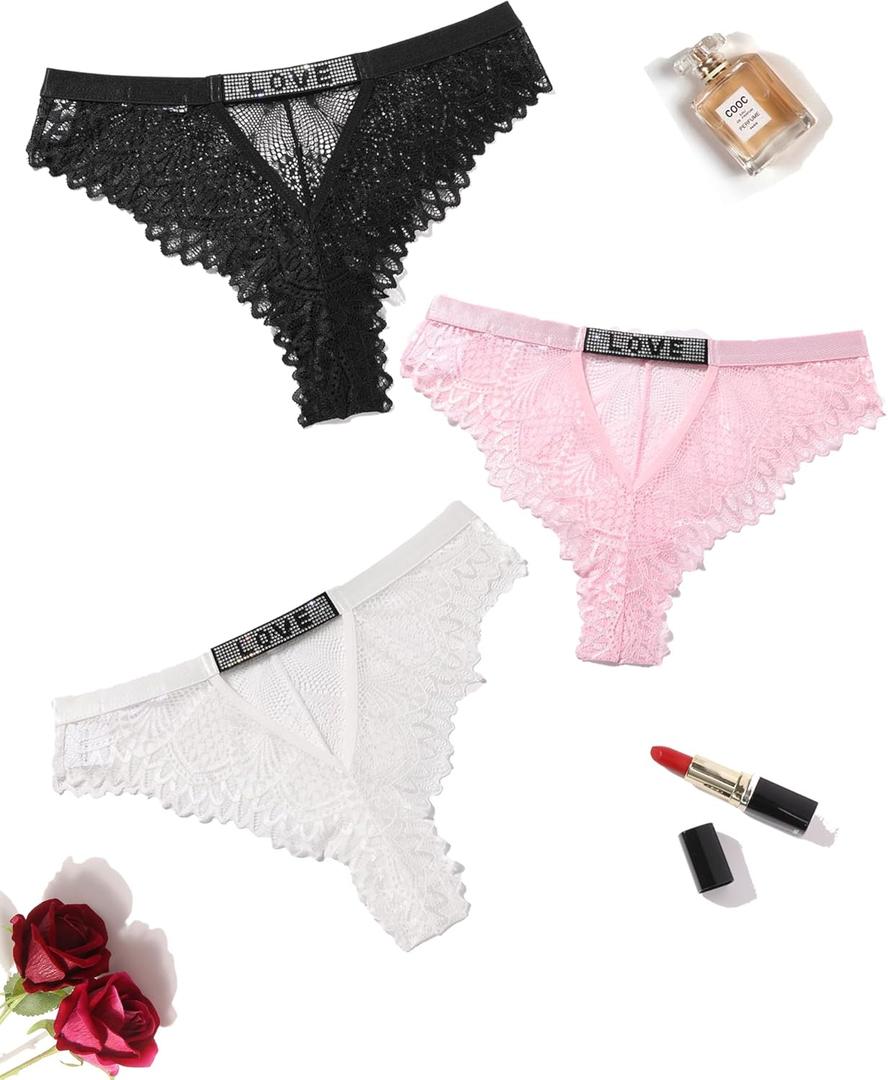 Avidlove Women Sexy Panties Lace Cheeky Panty Rhinestone Bikini Underwear 1-4 Pack, Size XL