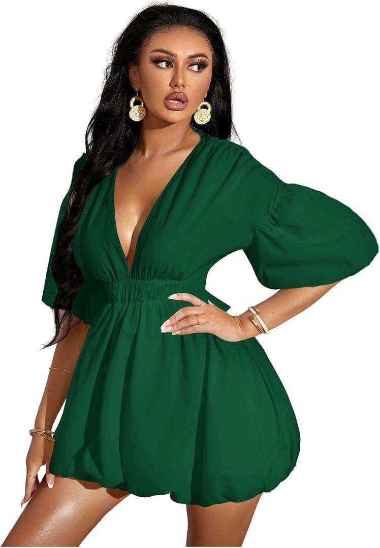WDIRARA Women's Deep V Neck Puff Sleeve High Rise Flare Dress Elastic Waist Dress (Medium, Dark Green)