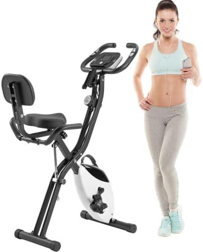 Folding Exercise Bike, Magnetic Stationary for Home with 16-Level Resistance, LCD Screen, Arm Bands, Backrest & Tablet Holder  Compact Upright & Recumbent Indoor Cycling Bike (White)