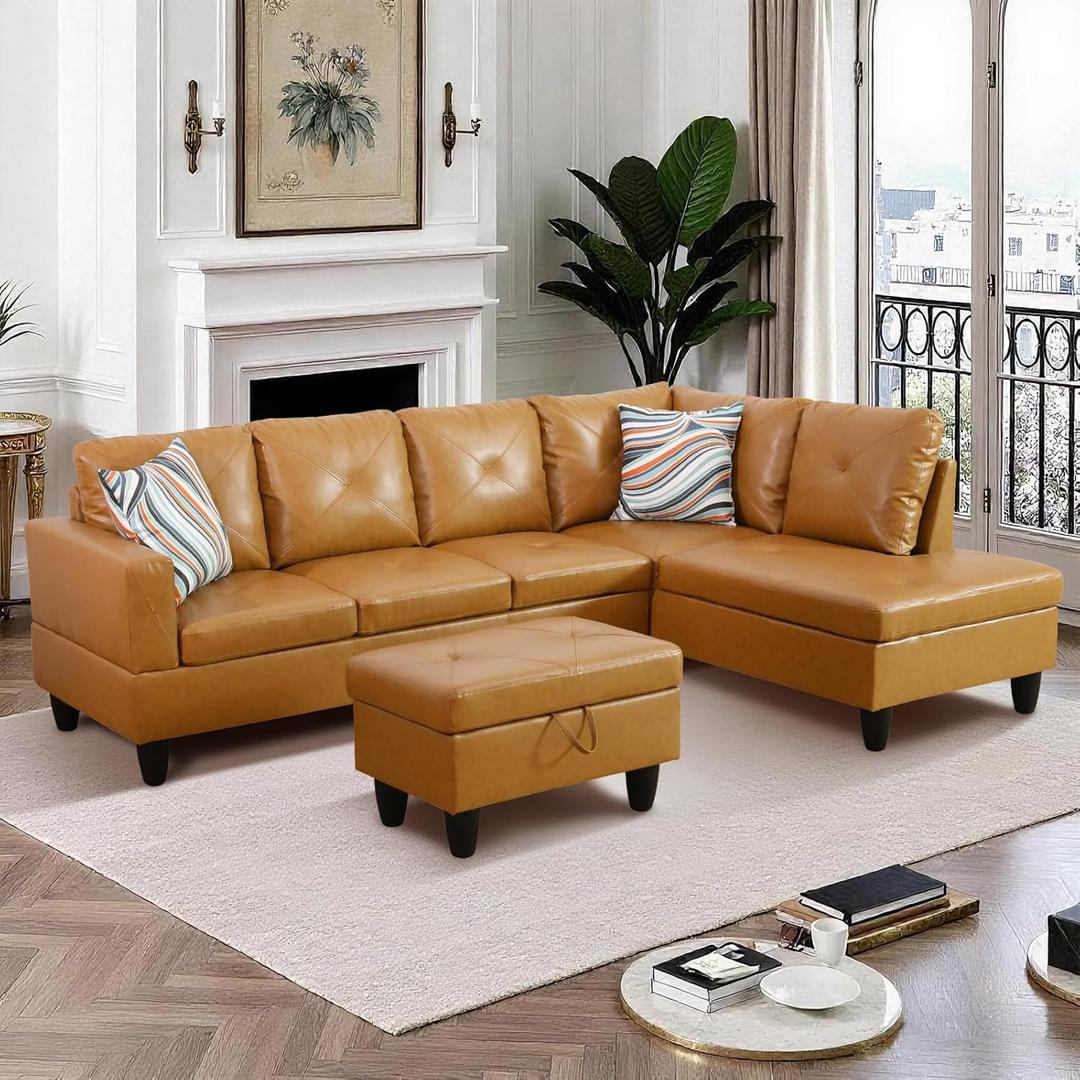 L-Shaped 3-Piece Sectional Sofa Set with Chaise & Storage Ottoman, Sectional Couch, Solid-Wood Frame Sofa, Modern Small-Space Living Room Couch for Apartment, Studio, Office, Ginger L-Shaped 3-Piece Sectional Sofa Set with Chaise & Storage Ottoman, Sectional Couch, Solid-Wood Frame Sofa, Modern Small-Space Living Room Couch for Apartment, Studio, Office, Ginger