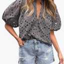PRETTYGARDEN Women's Summer Tops 2026 Dressy Casual Short Sleeve V Neck Buttons Hollow Eyelet Lace Embroidered Blouses Shirts, XXL