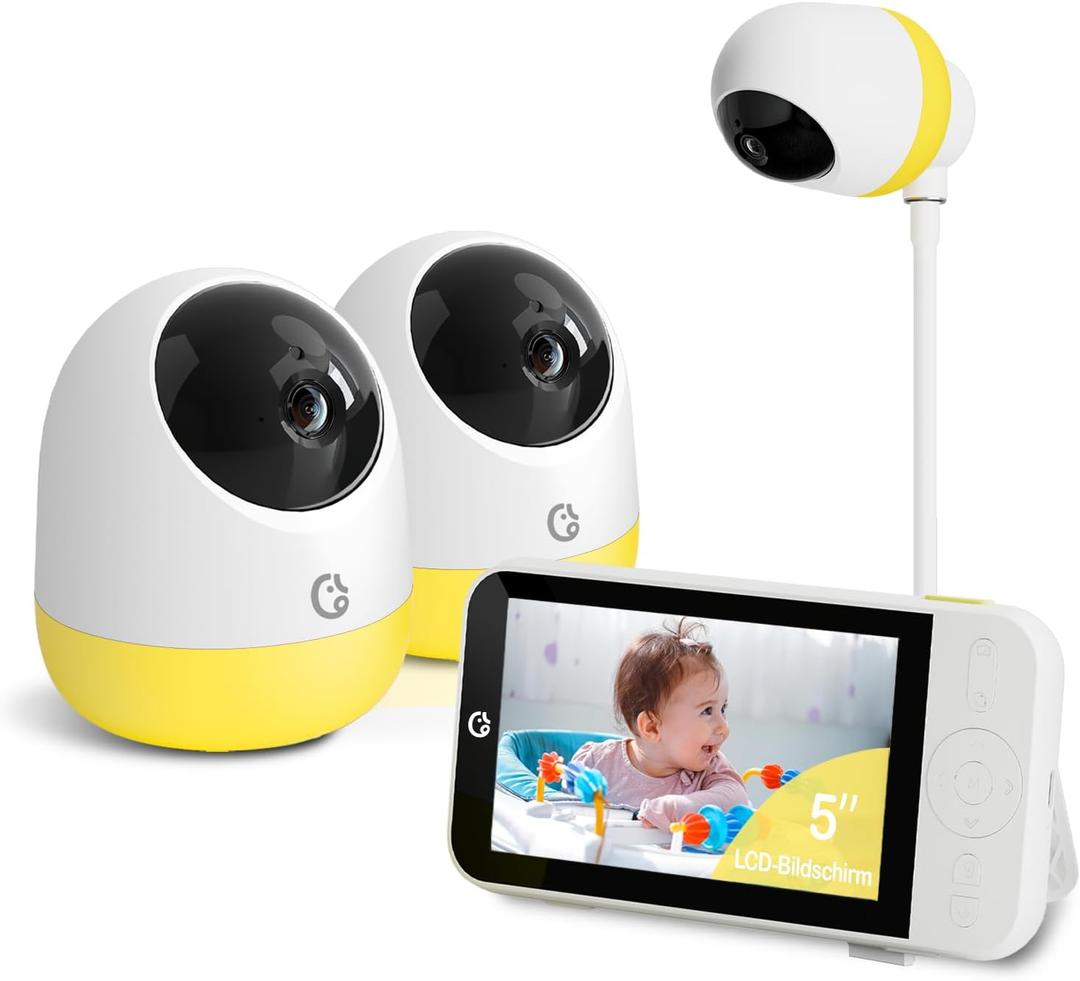 Ellie Pro Baby Monitor with 2 Cameras,5'' IPS 2K UHD Resolution,6000mAh Battery, Remote Pan-Tilt-5X Zoom, 2-Way Talk,No WiFi, Night Vision, Virtual Fence and 1000ft Range