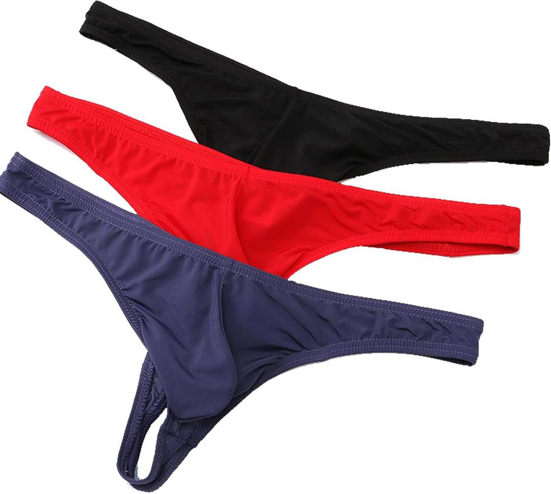Men's Thong Underwear Thongs G-String Underpants Breathable Ice Silk T-Back Low Rise Bikini Briefs (Black/Red/Navy)
