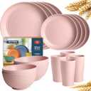 Teivio 16-Piece Kitchen Plastic Wheat Straw Dinnerware Set, Service for 4, Dinner Plates, Dessert Plate, Cereal Bowls, Cups, Unbreakable Plastic Outdoor Camping Dishes, Pink