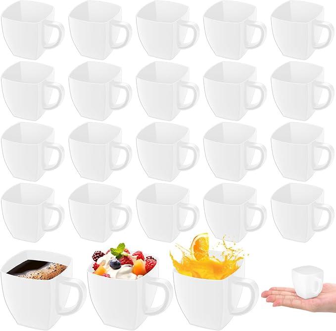 Amyhill 50 Pcs Disposable Tea Cups Mini Plastic Tea Cup Bulk with Handle Hard Plastic Coffee Mug Disposable Square Espresso Mug for Party Catering (Transparent)