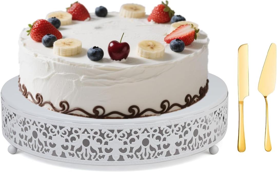 MTJYQTF White Cake Stand Set - Metal Round Cupcake Dessert Stand with Cake Cutting & Cake Spatula for Party, Candy Table Display for Wedding Birthday Baby Shower Housewarming Party CS003-pan-white (12in-White-1 Pcs)