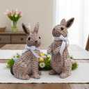 Rattan Effect Resin Easter Bunny Figurines Decor 2 PCS Wicker Looking Rabbit Decorations with Bow for Spring Table Centerpieces Indoor Farmhouse Home Decor(Small Rattan)