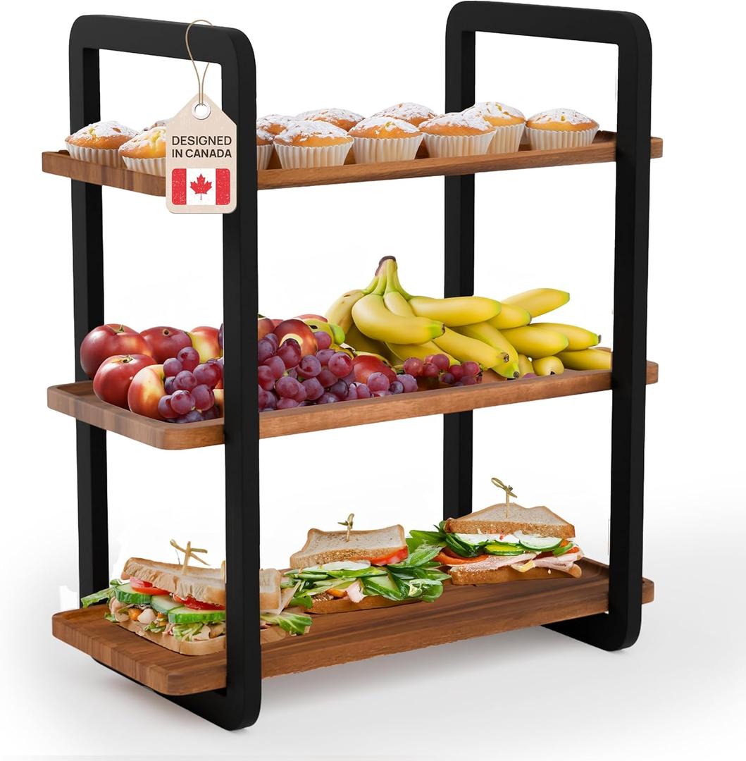 Ibyx 3 Tier Serving Tray Stand - Space-Saving Serving Platter for Desserts, Appetizers, Fruits & Snacks - Sturdy Acacia Wooden Tray (Black Frame - Brown Wood Body, 20" x 10" x 24")