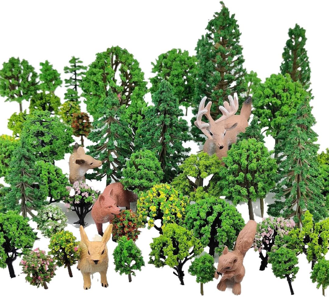 66 Pcs HO Scale Trees Kit with Animals & Shrubs, Model Railway Scenery Forest Diorama Supplies for Train Layout, DIY Sand Table Crafts