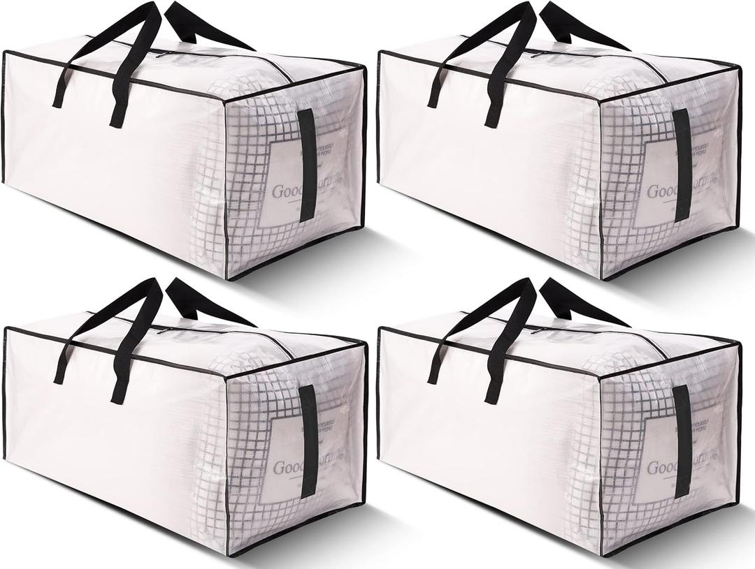 HOMESURE 4 Pack Large Strong Moving Bags with Zippers & Carrying Handles - Water-Resistant - Heavy Duty Storage Tote for Space Saving, Fold Flat, Alternative to Moving Box (Semi-Transparent)