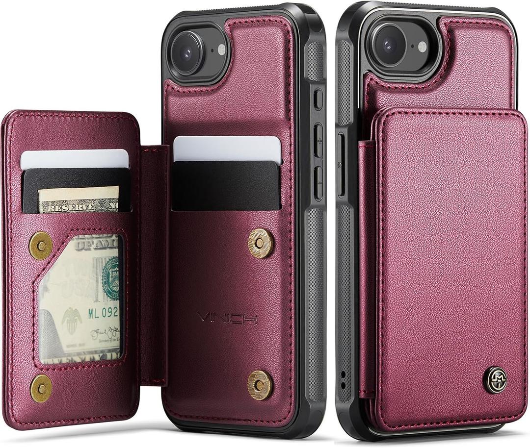 Vinich for iPhone 16e Wallet Case with Card Holder, RFID Blocking Credit Slots Kickstand Shockproof Phone Cover for Women Men, Burgundy