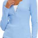 Beaully Women's Long Sleeve Henley Tops Ribbed Knit Slim Fitted Trendy T Shirt Basic Tees Layer 2026 Spring Fashion Outfits (Blue, M)
