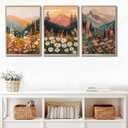 3 Pcs Boho Daisy Mountain Canvas Wall Art Abstract Flower Wildflower Sunset Paintings Pictures Wall Decor Colorful Floral Botanical Landscape Poster Print Artwork for Living Room Bedroom Unframed