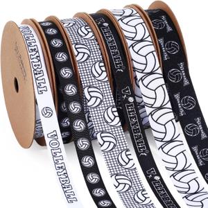 LaRibbons Volleyball Ribbon Set 6 Rolls 30 Yards Total Black White Grosgrain Volleyball Themed Printed Ribbons for Hair Bows, Gift Wrapping, Team Party Decorations, DIY Sewing Supplies