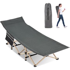 Folding Camping Cot for Sleeping, Portable Cots for Adults, Heavy Duty Cot Bed 550LBS(Max Load), Extra Wider Cots with Large Pocket for Outdoor, Office, Beach (Stripe Grey)