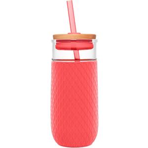 Ello Devon 18oz Glass Tumbler with Straw, Friction Fit Bamboo Wood Lid and Silicone Sleeve | Perfect for Iced Coffee, Tea, Matcha and Smoothies (Coral)