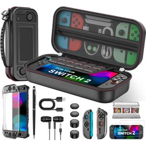 Larstylee 8 in 1 Switch 2 Accessories Bundle, Carrying Case, Screen Protectors, Protective Cases, Thumb Caps, Earbuds, Stylus, Card Case, Cable Skin (Black)
